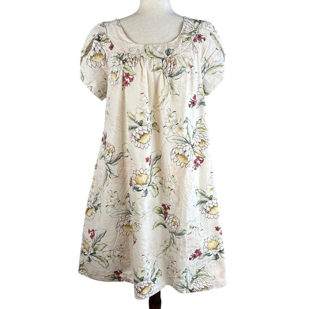 Royal Creations Womens Neutral Color Floral‎ Hawaiian Dress Size L Cotton Pocket